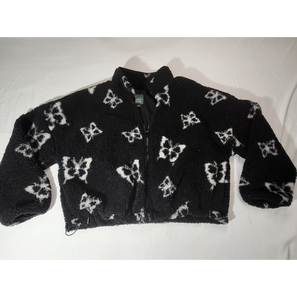 Wild Fable Butterfly Sherpa Jacket Black White Full Zip Fleece Cropped Large